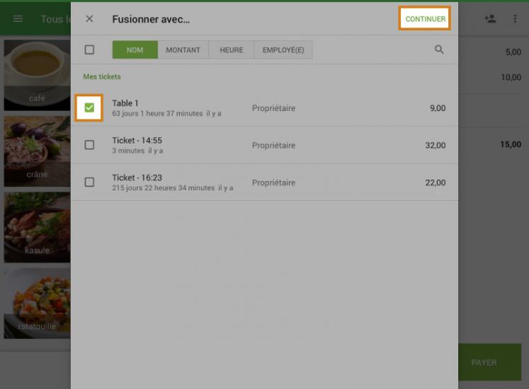 Sélectionnez le ticket que vous souhaitez fusionner avec et appuyez sur «Continuer» en haut à droite.