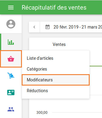 Dans le menu Back Office sous "Articles", cliquez sur "Modificateurs".