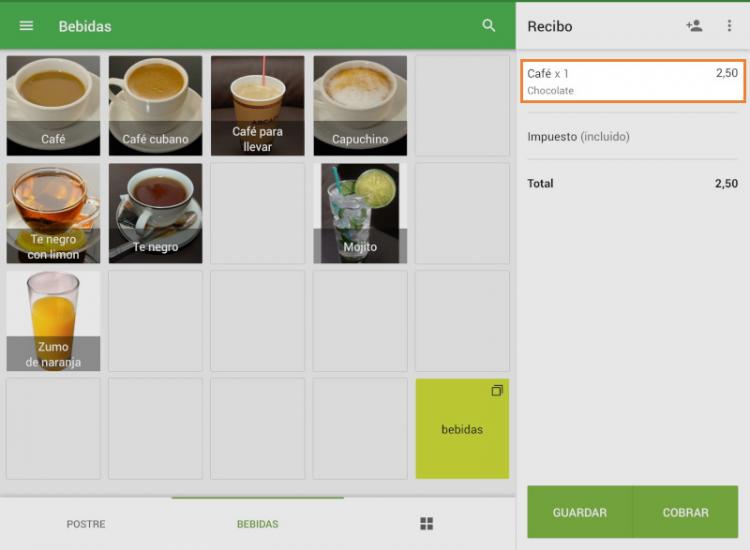 El artículo y las opciones seleccionadas se añadirán al ticket.