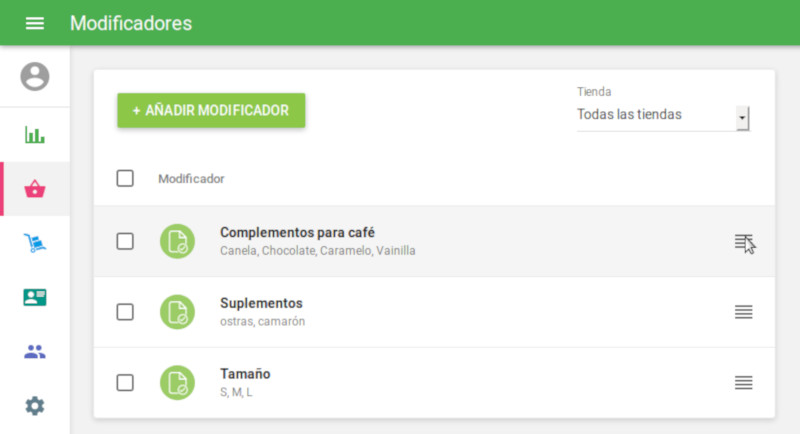 Puede cambiar el orden de los modificadores en la pantalla de ventas pulsando y arrastrando el pictograma hecho por cuatro líneas.