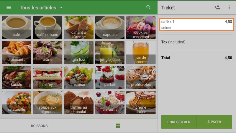 Un élément avec les options sélectionnées apparaîtront sur le billet