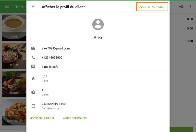 Appuyez sur le bouton ‘Ajouter au ticket’ pour connecter le client au ticket.