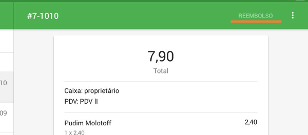 O botão de Reembolso não está ativo no modo offline, portanto, você não pode efetuar reembolsos.