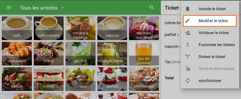 la ligne «Modifier le ticket» dans le menu de trois points