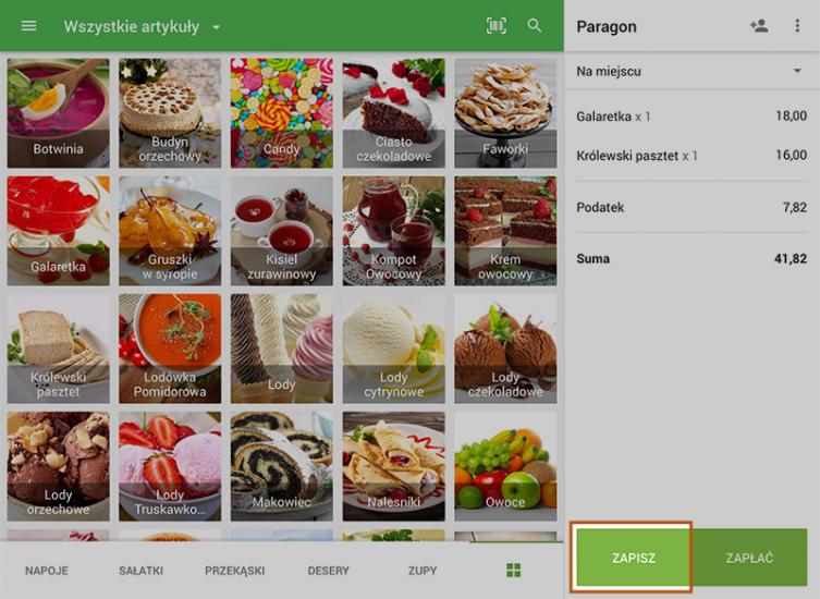 Aby zapisać otwarty paragon naciśnij „Zapisz”