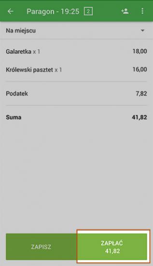 Kliknij Zapłać, aby zakończyć sprzedaż