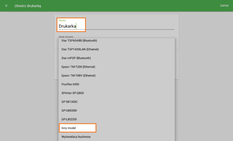 Nazwij drukarkę w polu "Nazwa drukarki", wybierz "Inny model" z listy "Model drukarki"