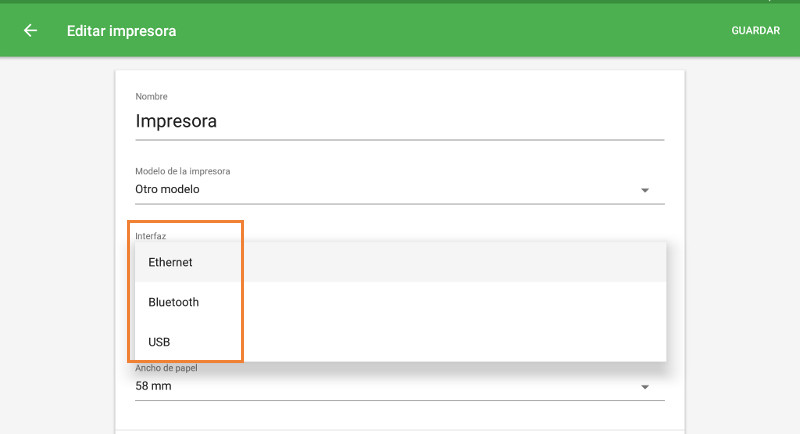 Seleccionar entre interfaz "Ethernet", "Bluetooth" o "USB" para impresora