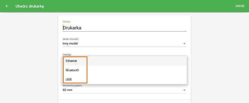 Wybierz interfejs drukarki w polu "Interfejs"