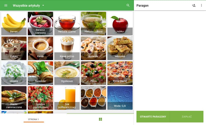 Otwórz ekran sprzedaży na swoim POS. Przejdź do strony „Strona 1”.