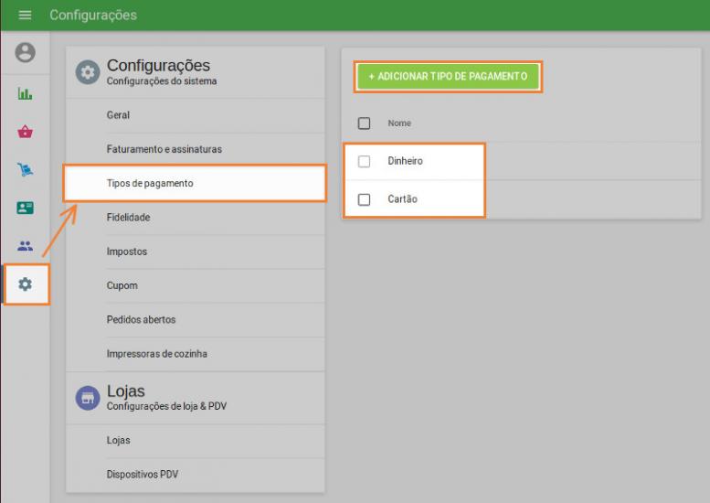 "Add" para adicionar um novo tipo de pagamento