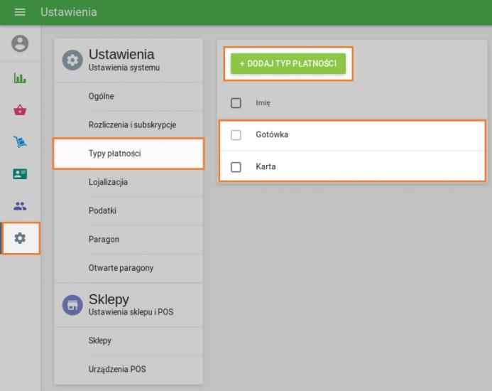 menu Ustawienia, Typy płatności. 