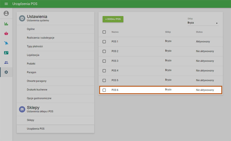 nowy POS na liście Urządzeń POS ze statusem „Nie aktywowany”