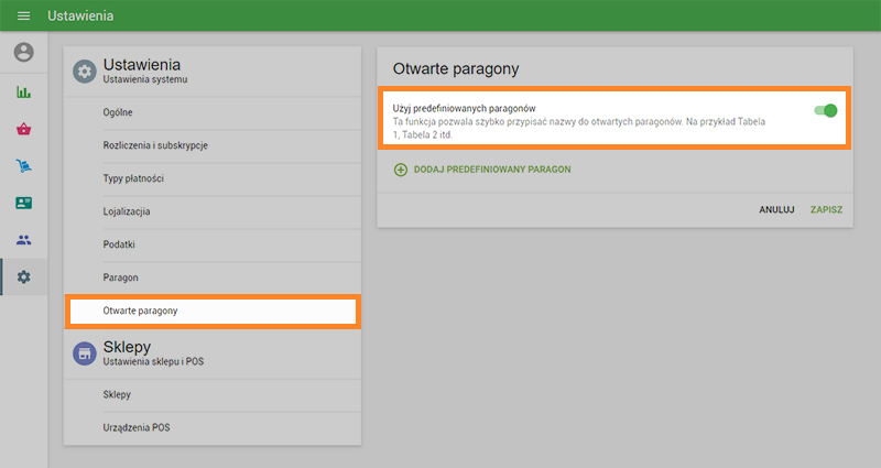 Otwarte paragony w menu Ustawienia