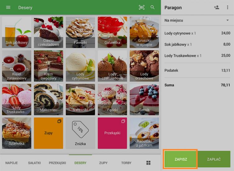 Dokonując sprzedaży w aplikacji Loyverse POS, po utworzeniu paragonu kliknij „Zapisz”