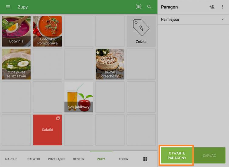 przycisk „Otwarte paragony”