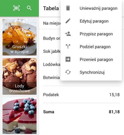W menu z trzema kropkami możesz wybrać edycję, podział lub przeniesienie paragonu.