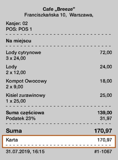 Informacje o płatności i typie karty na paragonie
