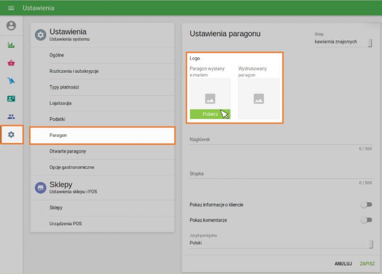 „Ustawienia” sekcia „Paragony”.