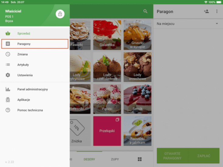 przycisk „Paragony” w menu POS