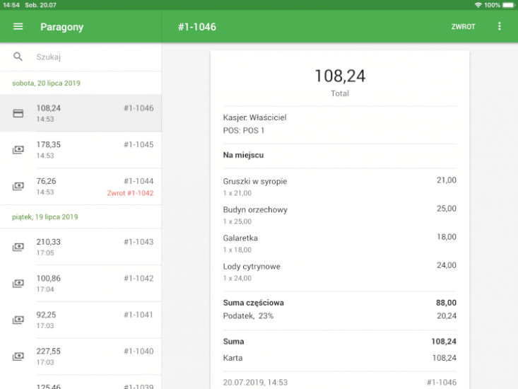 Naciśnij na paragon na liście, aby zobaczyć jego szczegóły