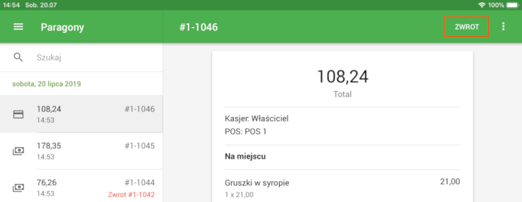 przycisk „Zwrot”