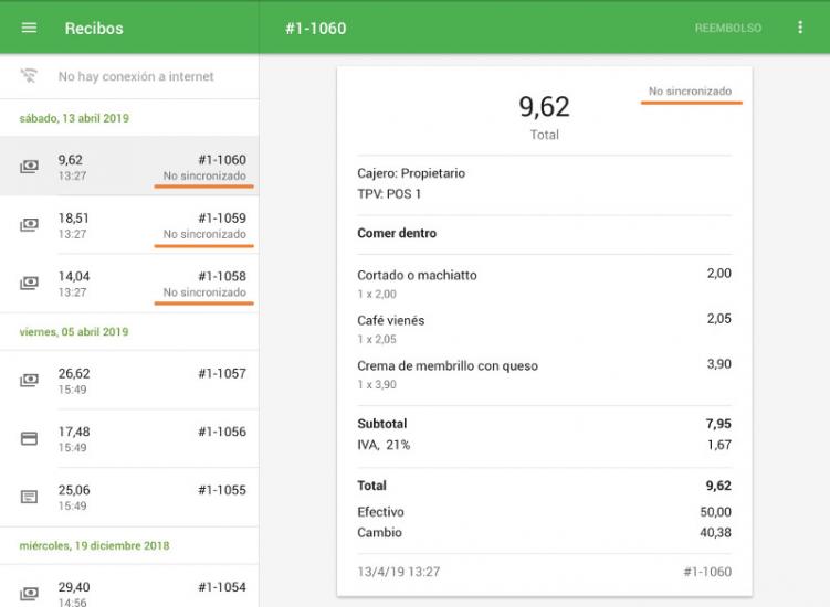 recibos registrados en modo offline aparecen marcados como 'No sincronizado'.