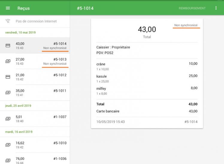 des reçus non synchronisées