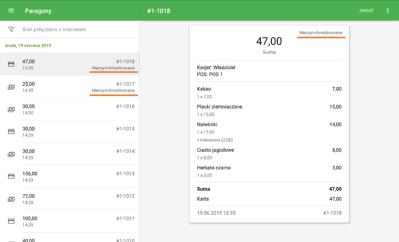Paragony, które zostały wystawione w trybie offline, są oznaczone jako 'Niezsynchronizowane'.