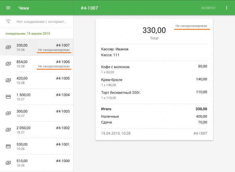 Не синхронизированые чеки