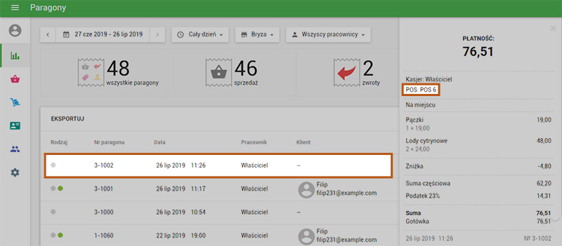Kliknij na paragon i po jego otwarciu po prawej stronie sprawdź nazwę POS. 