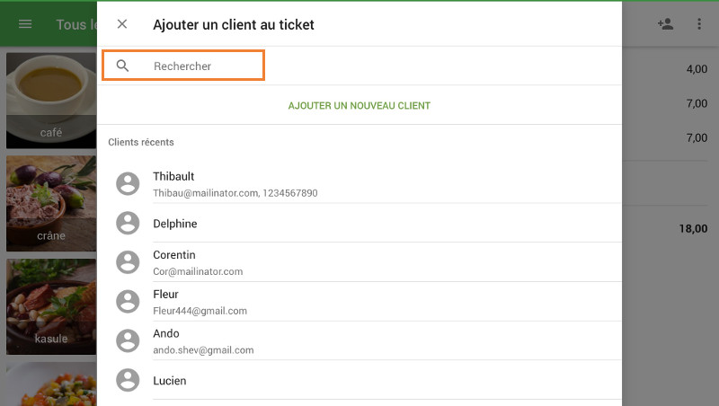 le champ de recherche pour trouver le client par nom, email ou numéro