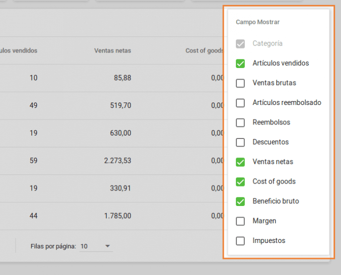 Seleccione las columnas deseadas.