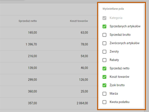 wybierz żądane kolumny