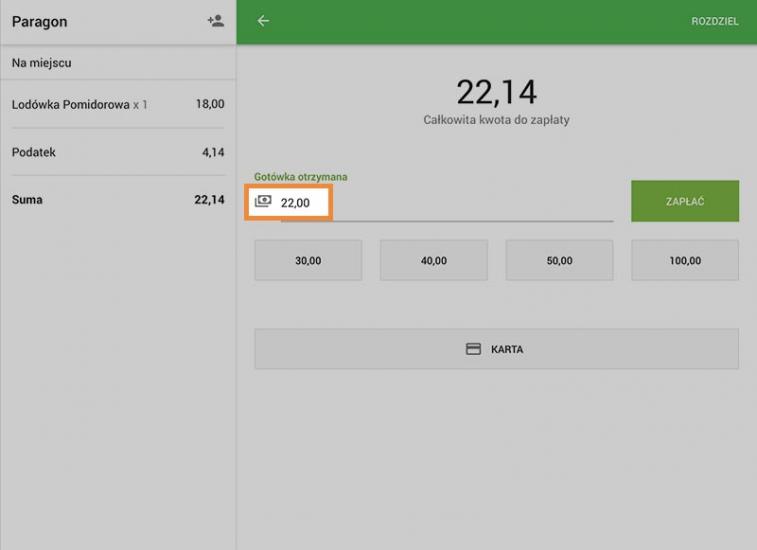 zaokrągloną kwotę w polu „Gotówka otrzymana”
