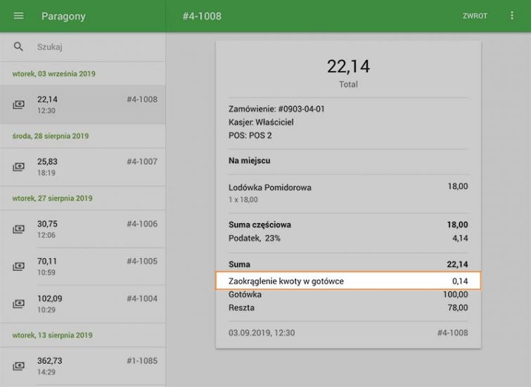 Paragon zawiera informacje o zaokrągleniu