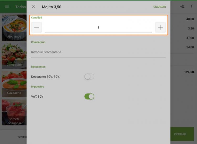 la cantidad de los artículos pulsando