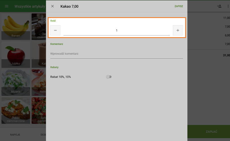 zmienia ilośći artykułów zamieszczonych w paragonie