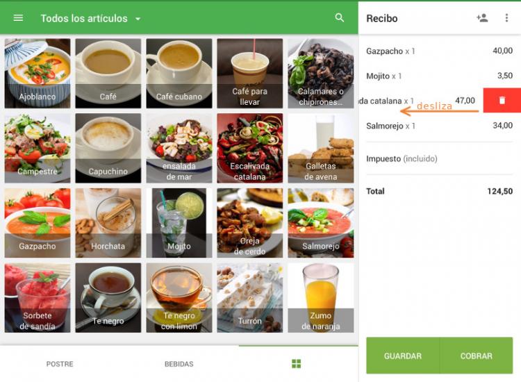 la derecha los artículos introducidos
