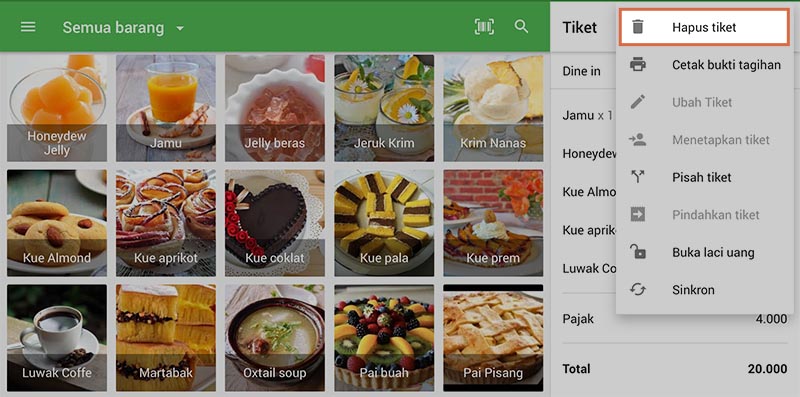 Untuk membatalkan penjualan, klik logo sampah.