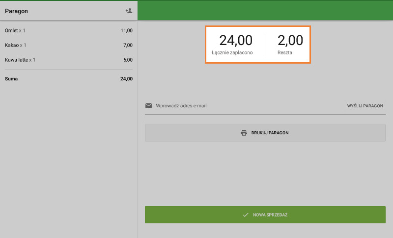 okno z podsumowaniem zawierającym całkowitą kwotę sprzedaży i należną zmianę