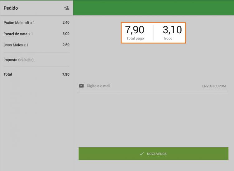 você verá uma janela com um resumo contendo o valor total da venda e a alteração devida.