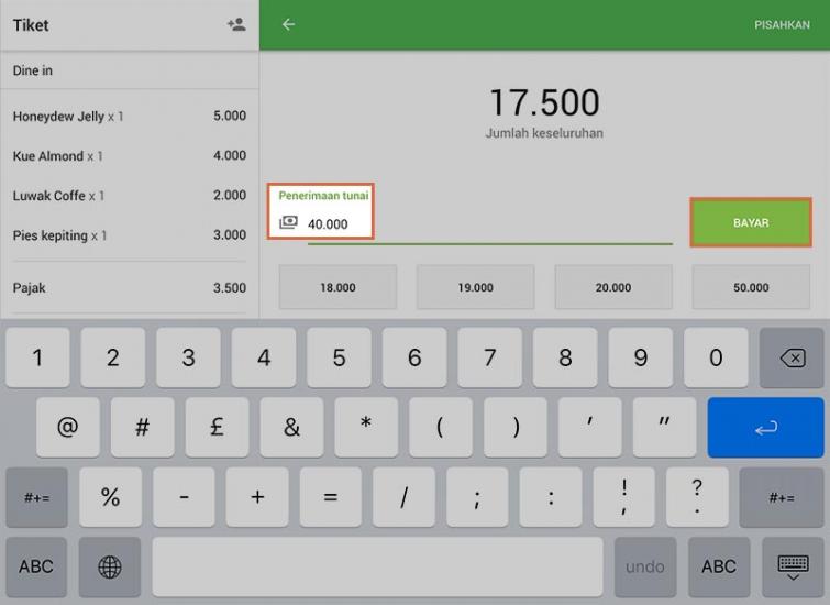Jika ini adalah pembayaran tunai, Anda dapat mengetuk jumlah yang disarankan. 