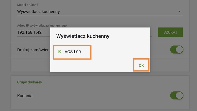 Wybierz odpowiedni wyświetlacz kuchenny z listy znalezionych urządzeń i kliknij OK.