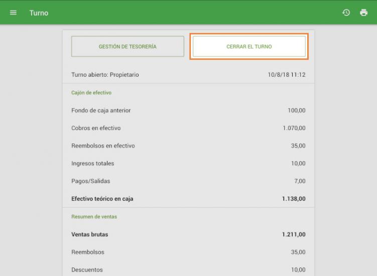 el informe del cierre de caja o turno
