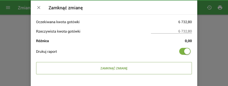 przycisk "Zamknij zmianę"