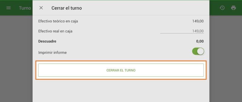 Haga clic en “OK” para finalizar el turno.