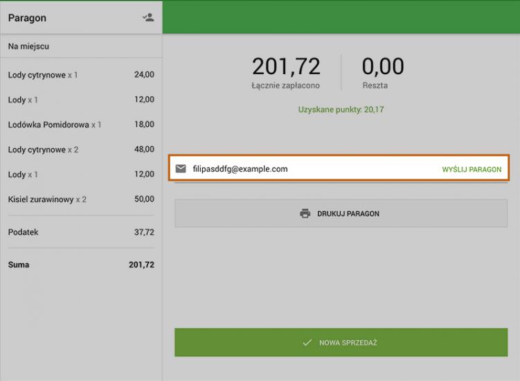 Naciśnij „Wyślij paragon”, aby wysłać paragon do klienta pocztą elektroniczną.