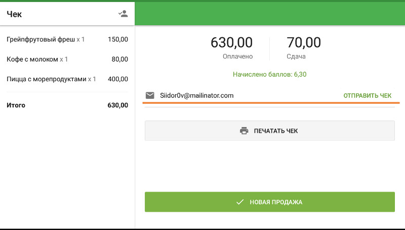 кнопка «Отправить чек» для отправки чека к клиенту по электронной почте.