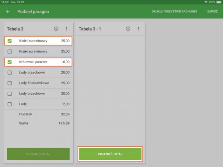 ekran „Podziel paragon”